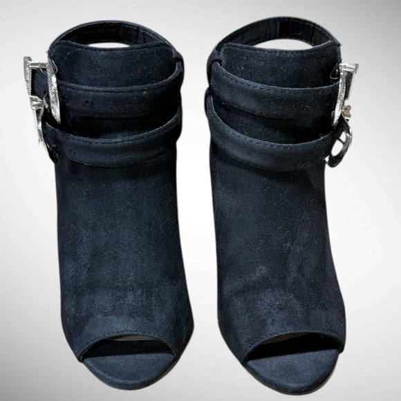 Black Faux Suede Peep Toe Block Heel Boots with buckle detailing Size 6 - Picture 11 of 15